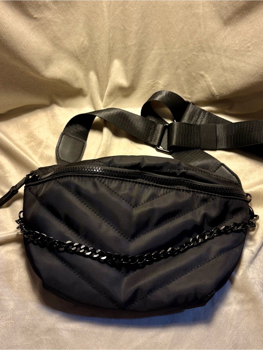 Black Quilted Crossbody Belt Bag with Chain Detail